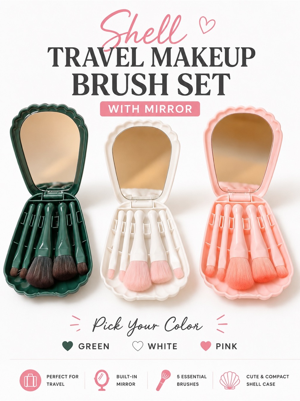 Shell Travel Makeup Brush Set with Mirror in White, Pink, or Green